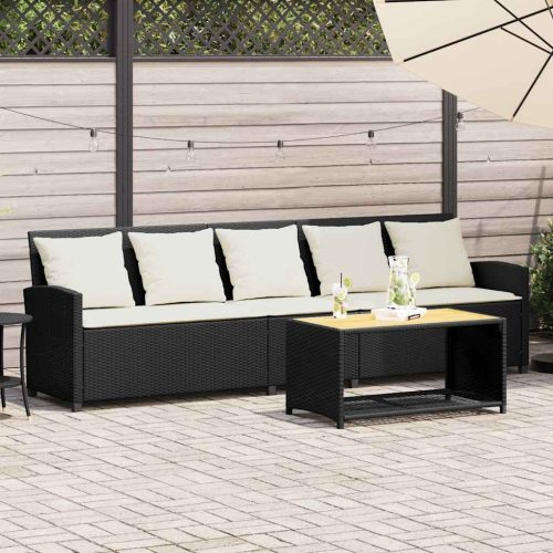 5 személyes fekete polyrattan kerti kanapé párnával