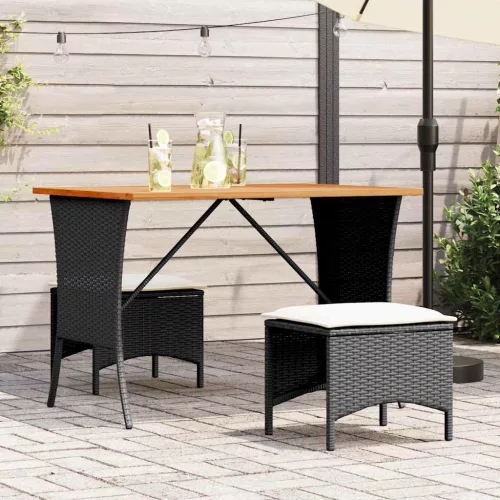 Fekete polyrattan kerti asztal akácfa lappal 105x75x72 cm