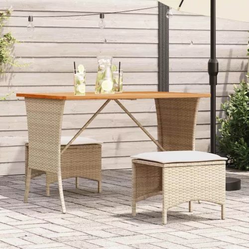 Bézs polyrattan akácfa lapos kerti asztal 105x75x72 cm