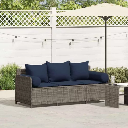 3 személyes szürke polyrattan kerti kanapé párnával