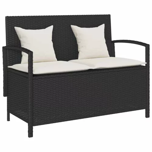 Fekete polyrattan kerti tároló pad párnával
