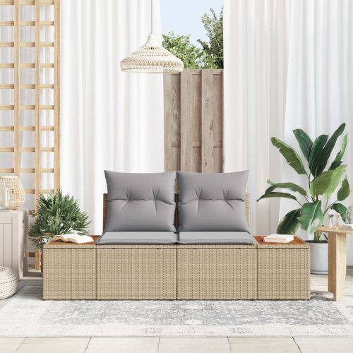 2-Személyes Kerti Kanapé Tárolóval és Párnákkal Bézs Poly Rattan