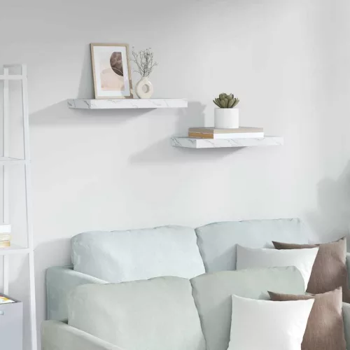 Falpolc tárolóval 2 pcs Fehér márvány 50 x 23,5 x 4 cm Faanyag