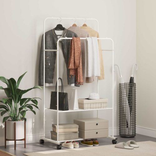 Ruhafogó polcokkal kerékkel tárolóval Fehér 80 x 53 x 156 cm