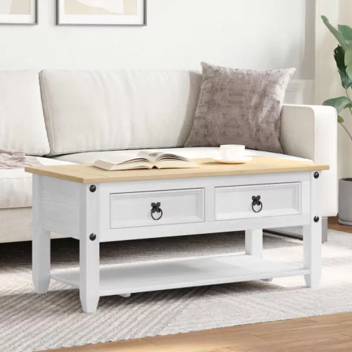 vidaXL Dohányzóasztal fiókkal Fehér 100 x 48 x 45 cm Tömör Fenyőfa