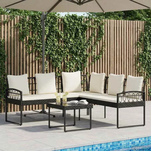 vidaXL Kerti Kanapé Szett 2 pcs Fekete és Krém Poli Rattan Acél