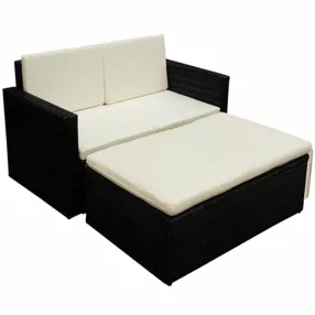   2 részes fekete polyrattan kerti ülőgarnitúra párnákkal