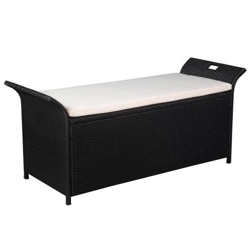 fekete polyrattan tárolópad párnával 138 cm