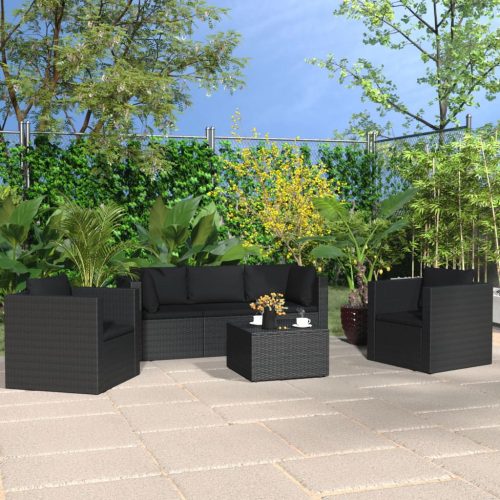 4-részes fekete polyrattan kerti bútorszett párnákkal