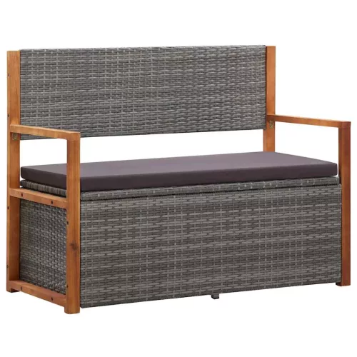 Szürke polyrattan és tömör akácfa tárolópad 115 cm