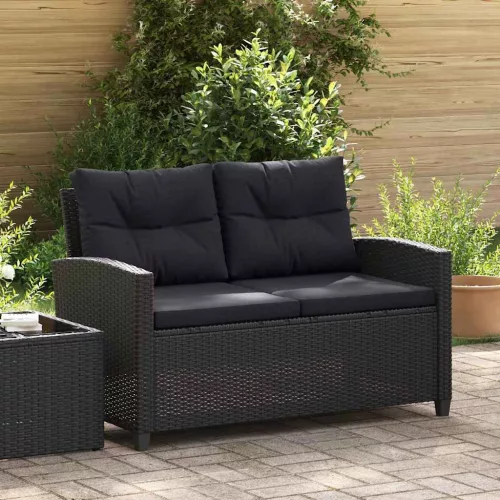 Fekete polyrattan kétszemélyes kerti kanapé párnákkal 124 cm