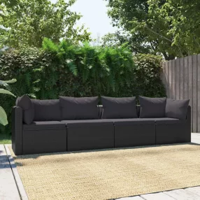   4-részes fekete polyrattan kerti ülőgarnitúra párnákkal