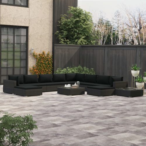 12 részes fekete polyrattan kerti bútorszett párnákkal