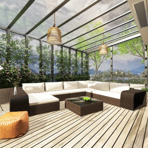 10-részes barna polyrattan kerti bútorszett párnákkal