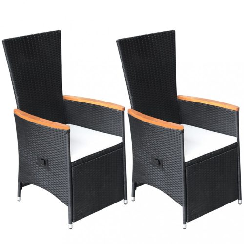 2 db fekete dönthető háttámlás polyrattan kerti szék párnával