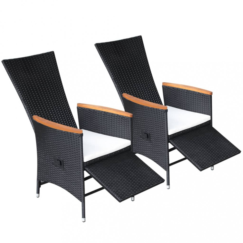 2 db fekete dönthető háttámlás polyrattan kerti szék párnáva