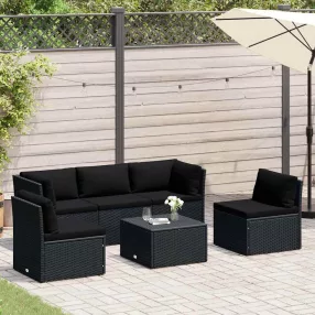 4 részes fekete polyrattan kerti bútorszett párnákkal