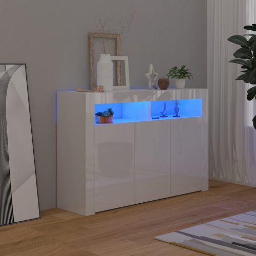 magasfényű fehér tálalószekrény LED-világítással 115,5x30x75 cm