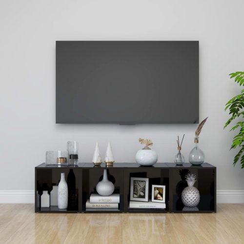  4 db magasfényű fekete forgácslap TV-szekrény 37 x 35 x 37 cm