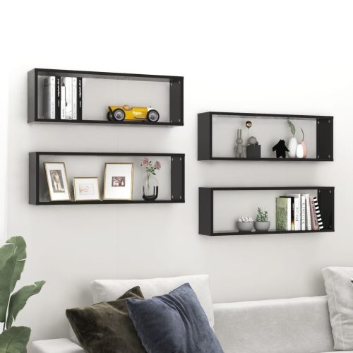 4 db magasfényű fekete forgácslap fali kockapolc 80x15x26,5 cm