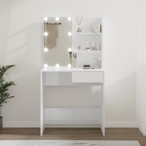 magasfényű fehér fésülködőasztal LED-del 74,5x40x141 cm