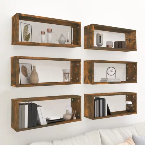 6 db füstös tölgy színű szerelt fa fali kockapolc 60x15x23 cm