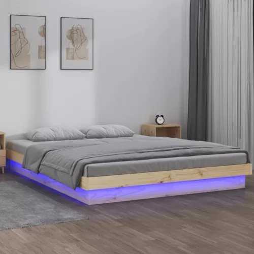 King Size tömör fa LED-es ágykeret 150 x 200 cm