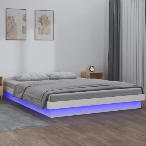 kis kétszemélyes fehér tömör fa LED-es ágykeret 120 x 190 cm
