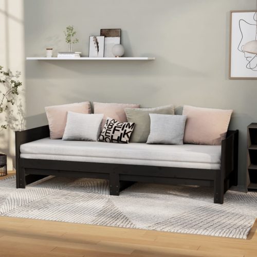 fekete tömör fenyőfa kihúzható kanapéágy 2x(80x200) cm