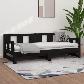   fekete tömör fenyőfa kihúzható kanapéágy 2 x (80 x 200) cm