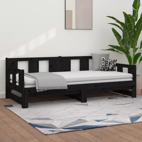 fekete tömör fenyőfa kihúzható kanapéágy 2 x (90 x 190) cm