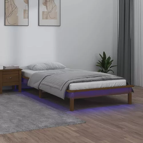mézbarna tömör fa ágykeret LED-ekkel 90 x 200 cm