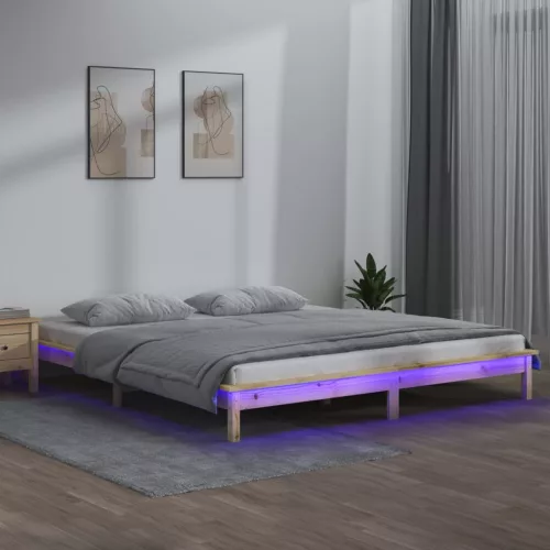 vidaXL tömör fa ágykeret LED-világítással 140 x 200 cm