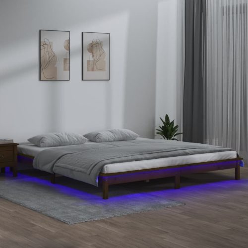 mézbarna tömör fa ágykeret LED-ekkel 200 x 200 cm