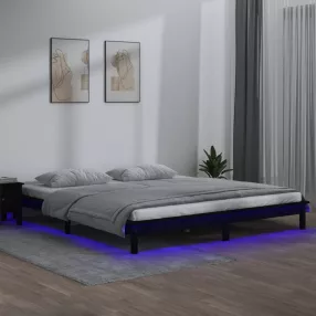 fekete tömör fa ágykeret LED-világítással 200 x 200 cm