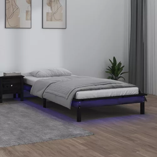 kis egyszemélyes fekete tömör fa LED-es ágykeret 75 x 190 cm