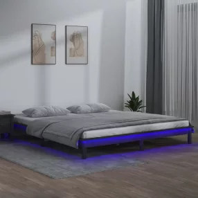   kis kétszemélyes szürke tömör fa LED-es ágykeret 120 x 190 cm