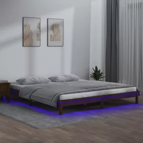   kis kétszemélyes mézbarna tömör fa LED-es ágykeret 120 x 190 cm