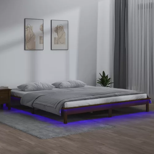 kis kétszemélyes mézbarna tömör fa LED-es ágykeret 120 x 190 cm