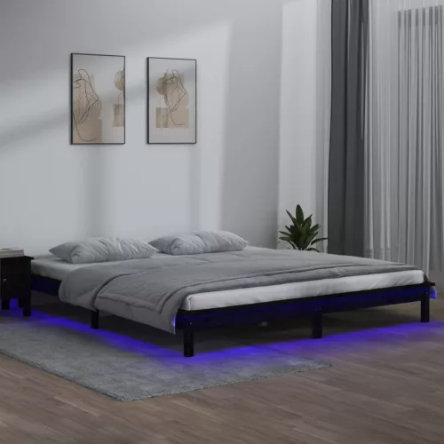 kis kétszemélyes fekete tömör fa LED-es ágykeret 120 x 190 cm