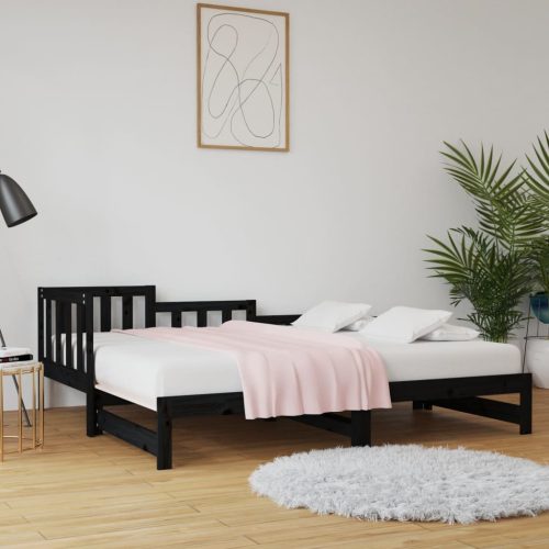 fekete tömör fenyőfa kihúzható kanapéágy 2 x (90 x 200) cm