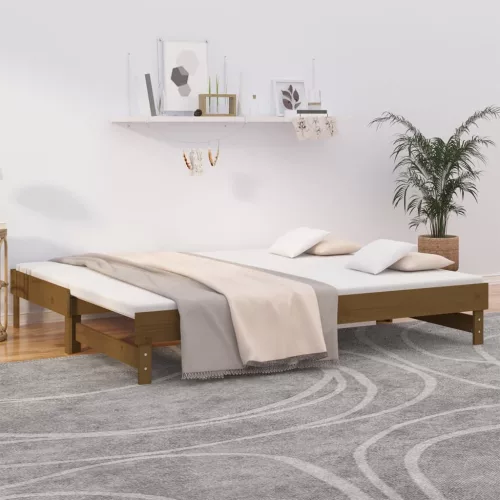 mézbarna tömör fenyőfa kihúzható kanapéágy 2x(100x200) cm