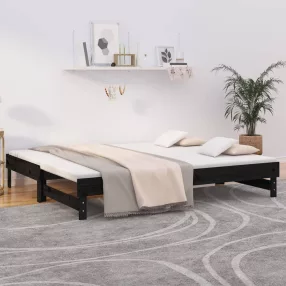   fekete tömör fenyőfa kihúzható kanapéágy 2x(100x200) cm
