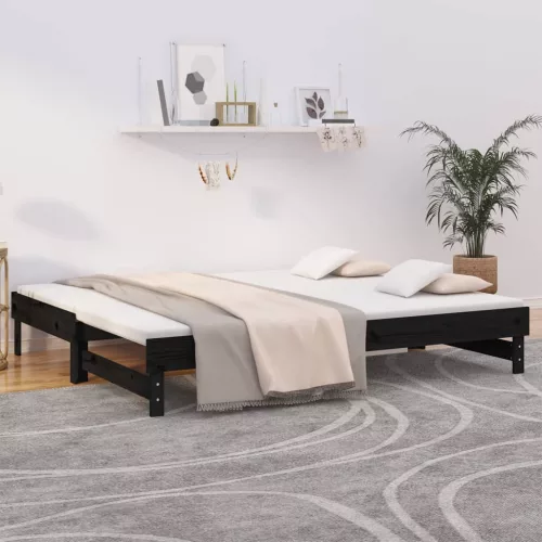 fekete tömör fenyőfa kihúzható kanapéágy 2x(100x200) cm