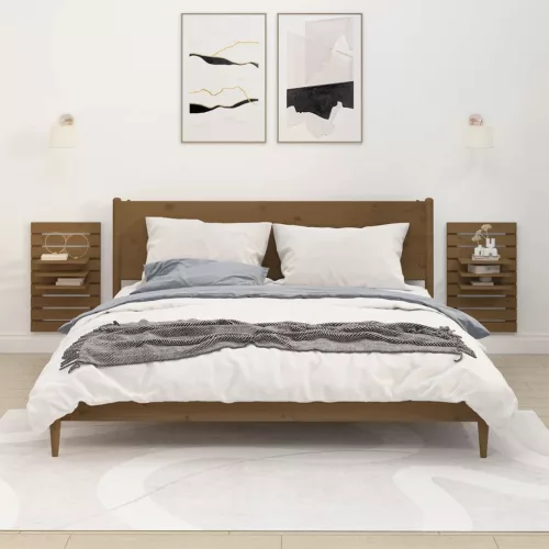 2 db mézbarna tömör fenyőfa falra szerelhető éjjeli polc