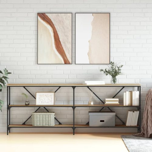 sonoma tölgy színű szerelt fa és vas konzolasztal 200x30x75 cm