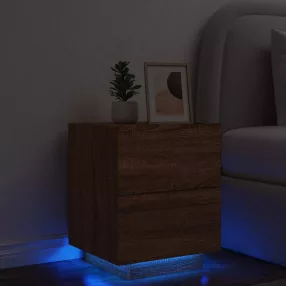   barna tölgyszínű szerelt fa éjjeliszekrény LED-fényekkel