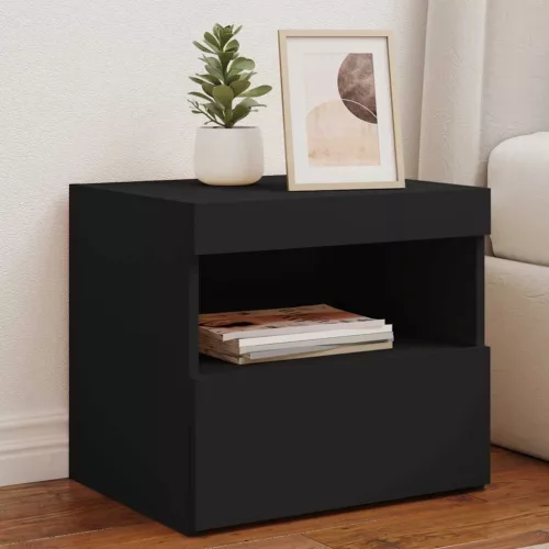 2 db fekete műfa éjjeliszekrény LED-fényekkel 50x40x45 cm