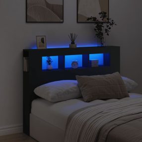 fekete szerelt fa LED-es fejtámla 140x18,5x103,5 cm