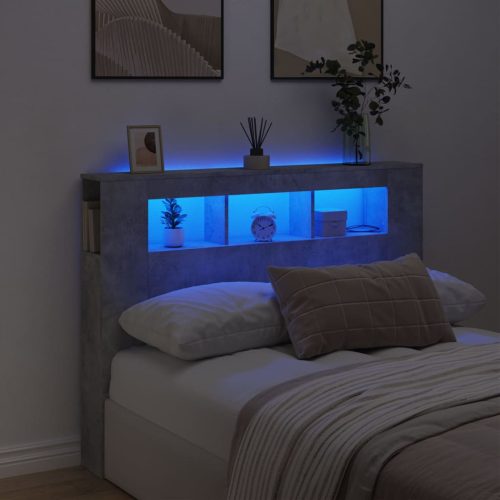 betonszürke szerelt fa LED-es fejtámla 140x18,5x103,5 cm